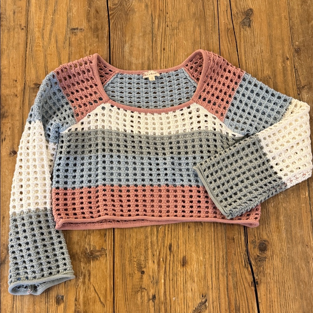 Hem & Thread Pink Trim Blue Crochet Top